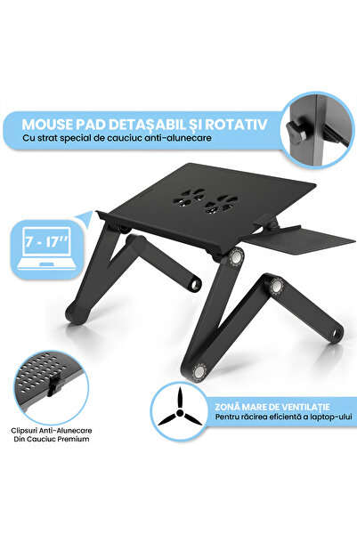 OEM Adjustable Laptop Stand 42cm Aluminum, 2 USB Fans, 360°, Mouse Pad, Foldable 7-17" Desk/Bed