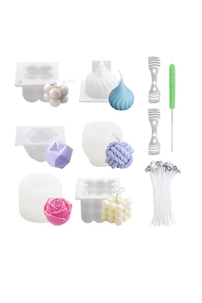 DAWRIS 6-piece 3D Silicone Candle Mold Set with 100 Wicks, 2 Wick Holders, Drilling Needle