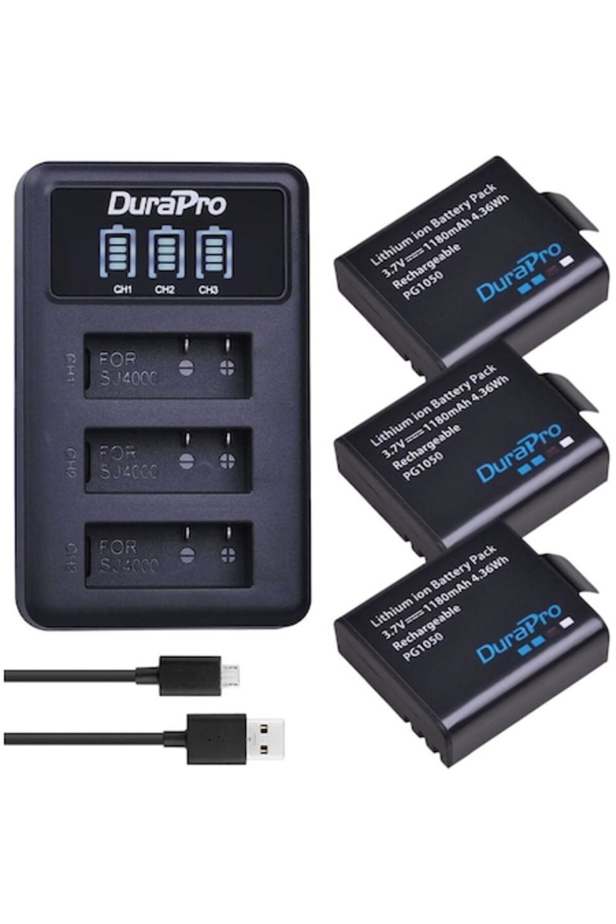 Durapro Set de 3 baterii PG1050 1180 mAh cu încărcător LCD USB cu 3 sloturi p...