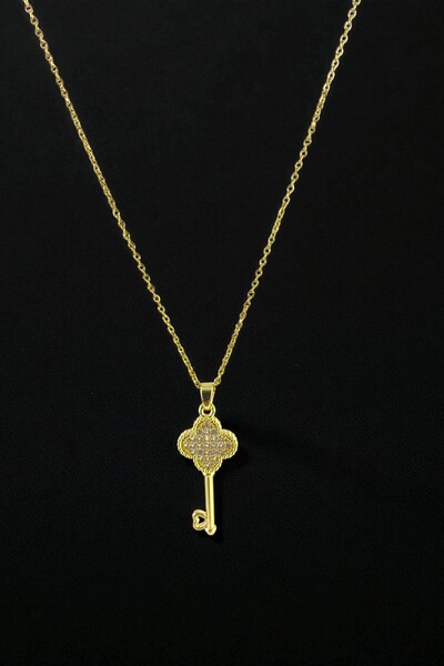 Lorivelle Kadın Zirkon Taşlı Yonca Anahtar Çelik Kolye | Altın Kaplama Kararm...