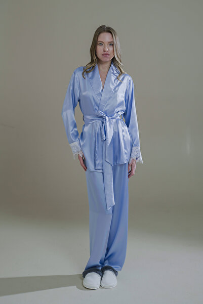 Mita Concept SET KIMONO-PANTALON CU GULER SATIN DE CULOARE ALBASTRĂ