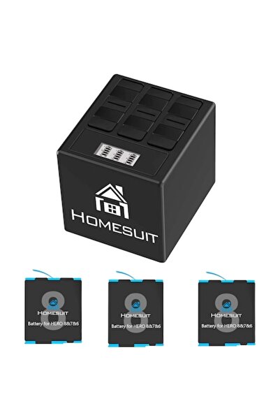 Homesuit Set de 3 baterii de 1500 mAh pentru GoPro Hero 8/7/6 cu încărcător cu 3 sloturi, LCD, USB și USB-C