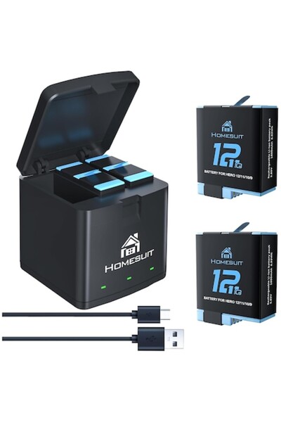 Homesuit Set de 2 baterii 1800 mAh și încărcător cu 3 canale pentru GoPro Her...