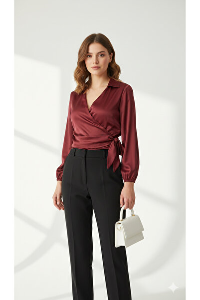 ribana بلوزة قميص من الساتان بياقة مزدوجة الصدر وربطة جانبية