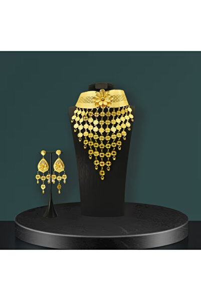 set.up 22 AYAR ALTIN KAPLAMA GERDANLIK VE KÜPE DÜĞÜN TAKI SETİ