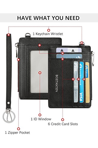 BOSTANTEN Small RFID Leather Wallet for Women - Slim Wristlet Keychain (Black)