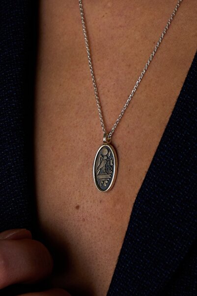 Ricco Jewellery 925 Ayar Gümüş Oksitli Oval Hiyeroglif Forse Kolye