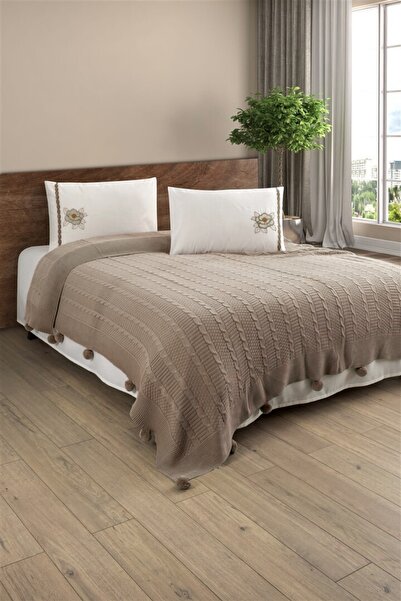 Sevim Knitted & Rose Embroidered Blanket Set - Dowry Blanket 4 Pieces - Rosetta - Beige