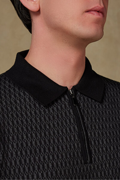 Abbate Claro Knitted Fabric Cotton Blend Modern Fit Black Polo Neck Men's Patterned Knitwear