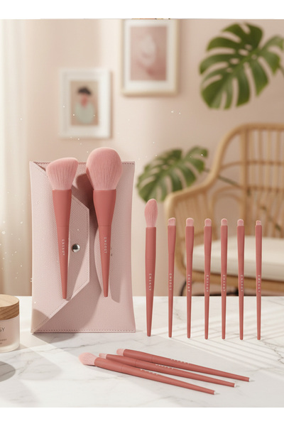 Energy 10-Piece Soft Pink Makeup Brush Set with PU Leather Case – Collection