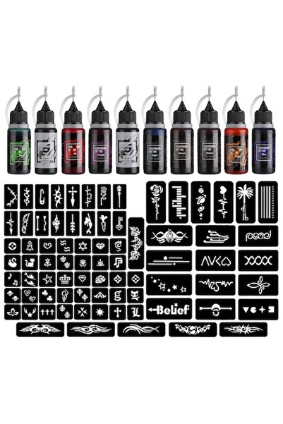 Stigma Kit tatuaje temporare 10 x 15 ml cerneluri și 84 de șabloane adezive, impermeabile