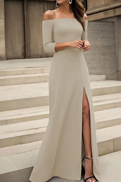 Mossta Madonna Collar Slit Long Imported Crepe Dress - Beige