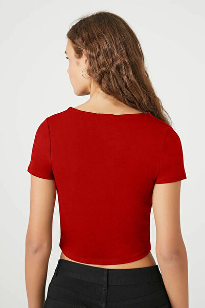 bysoca Women's Red Square Neck Short Sleeve Double Layer Sandy Fabric Basic Body Crop T-Shirt