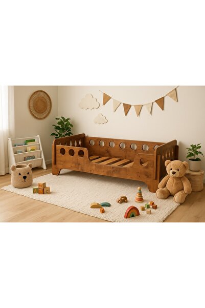 Genel Markalar Ceviz Montessori Karyola 70x140, Ceviz MDF, Ahşap Detaylı Güve...