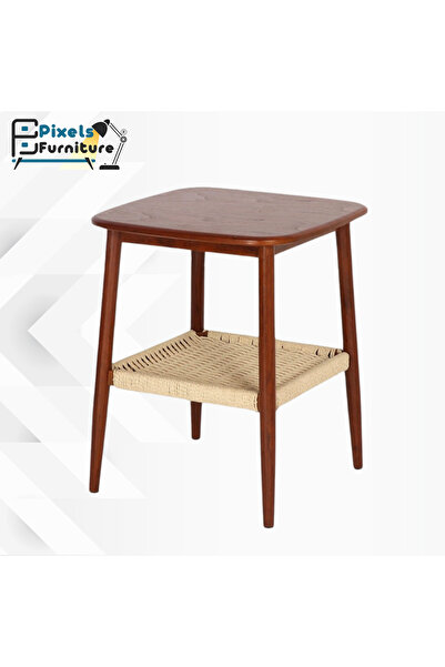 PixelsFurniture Pixel Furniture 2-Tier Square Side Coffee Table with Wood Top, Rattan Bottom Shelf and Metal Ends
