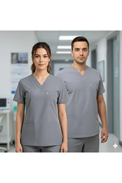 temex MEDİKAL ÜNİFORMA TEK ÜST SCRUBS UNİSEX İŞCİ KIYAFETLERİ GRİ FORMA HEMŞİ...
