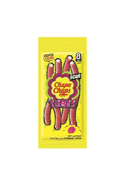 CHUPA Chups Sour Strawberry Flavour Center Filling Tubes Candy- 8pcs Pack of 3