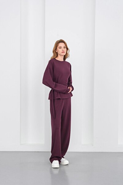 Basicpark Plum Women's Premium Modal D Buckle Decorated Belted Top and Bottom Set