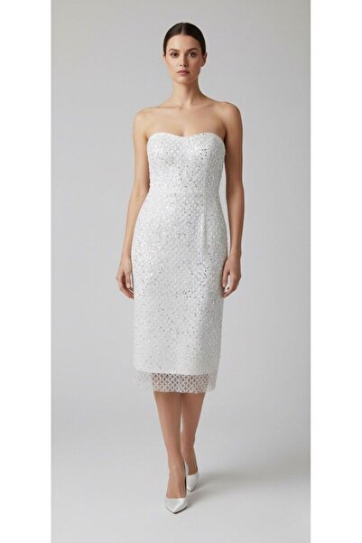 Tangül&Ali'S Moda Evi Kare Dantelli Beyaz Midi Elbise