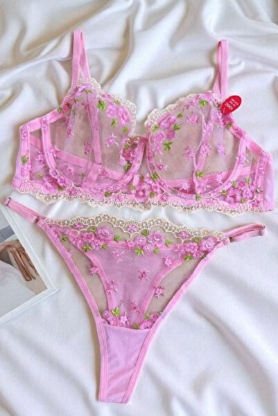 Moldina Plus Size Pink Floral Brode Bra Set New Year Valentine's Day