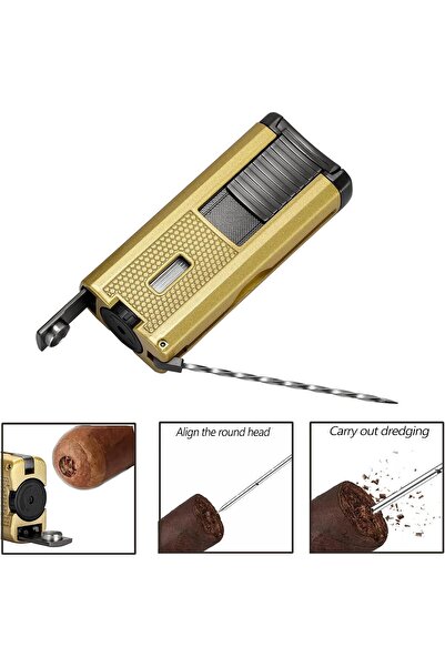 Lubinski Multifunctional Cigar Punch & 3 Jet Torch Lighter Set - Gold