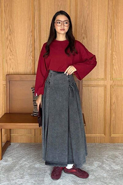 Ceylan Otantik Φούστα με λεπτομέρεια πλισέ από ανθρακί κοτ