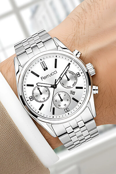 Ferrucci ساعة يد رجالية مع تقويم وهيكل فولاذي وسوار فولاذي فضي-أبيض zmfer205