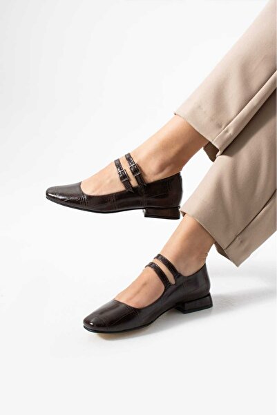 Roshin Shoes Pantofi de damă cu toc scurt, maro, cu detaliu curea dublă, stil...