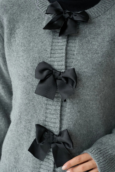 cemo Black and White Knit Cardigan with Bow Detail