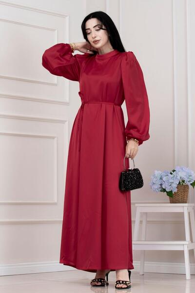 Sevitli Βραδινό φόρεμα με κορδόνι στη μέση και μανίκια μπαλόνι-ΚΟΚΚΙΝΟ