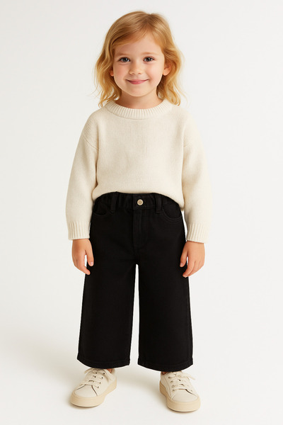 Motebarn Wear Pantaloni negri pentru fetiță, cu picioare largi, cu talie elas...