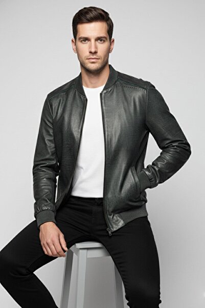 Deriderim Apollo Double-Sided Genuine Leather Green Grinding Bomber Men's Jacket