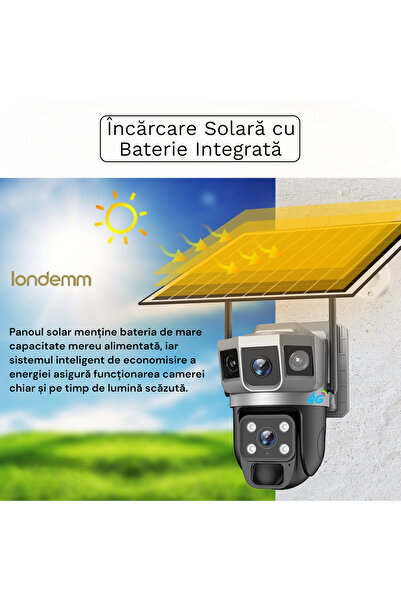 LONDEMM LONDEMM Solar Panel Video Surveillance Camera with 4G SIM Card, Triple View, 4MP Full HD