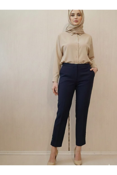 Famelin Women's Elastic Waist Pencil Cut Trousers with Leg Detail