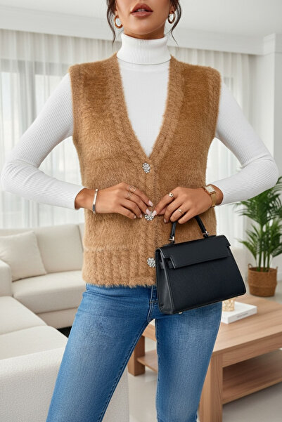 NEWCO Women's Feather Knit Vest with Stone Embroidered Buttons, Soft Texture, Casual and Easy to Match