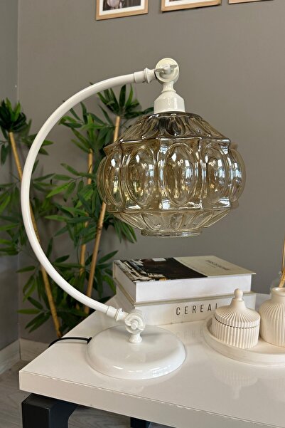 Bamyum Şila Bal Rengi Cam Beyaz Kuğu Gövde Masa Lambası Dekoratif Masaüstü Ay...