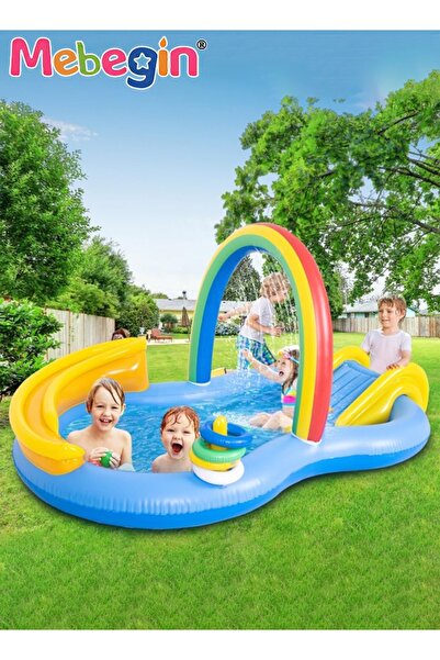 MEBEGIN 220*122*104cm Kiddie Pool, Inflatable Swimming Pool with Water Slide, Kiddie Inflatable Play Center