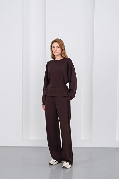 Basicpark Brown Women's Premium Modal D Buckle Ornament Belted Top and Bottom Set