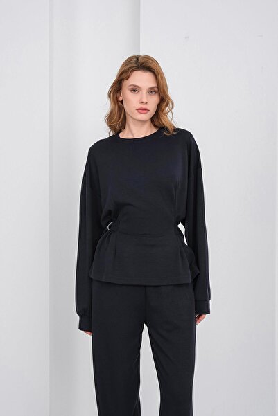 Basicpark Dark Navy Blue Women's Premium Modal D Buckle Ornament Belted Top and Bottom Set