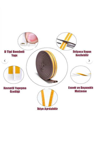 NUBLADO Yapışkanlı Kapı - Pencere Bandı Fitili Soğuk İzolasyon Kauçuk Bantları 5x2=10 Metre (KAHVERENGİ)