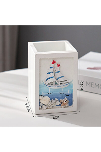 YINZUO Nautical Wooden Pen Holder – Beach Theme Desk Organizer with Sailboat/Anchor/Lifebuoy/ Wheel design