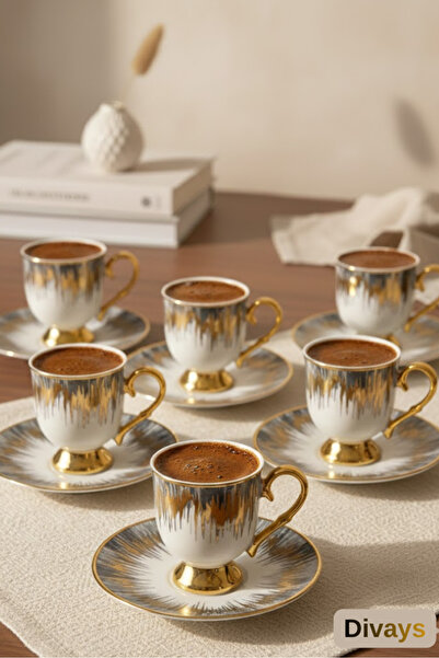 DİVAYS طقم فناجين قهوة تركية فاخرة من البورسلين مكون من 6 قطع |   مجموعة عرض أنيقة مع تفاصيل ذهبية