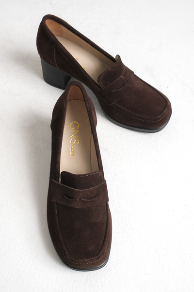 GNS Shoes Elegant Genuine Leather Brown Suede Thick Heeled Loafer Shoes