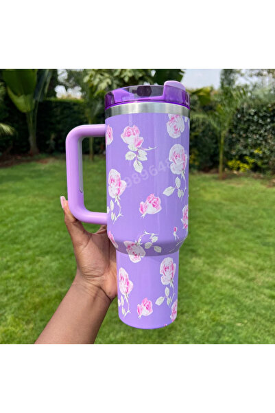 Generic كوب سيارة معزول تصميم الأزهار 40 أوقية مثالي للمشروبات الباردة الساخن,