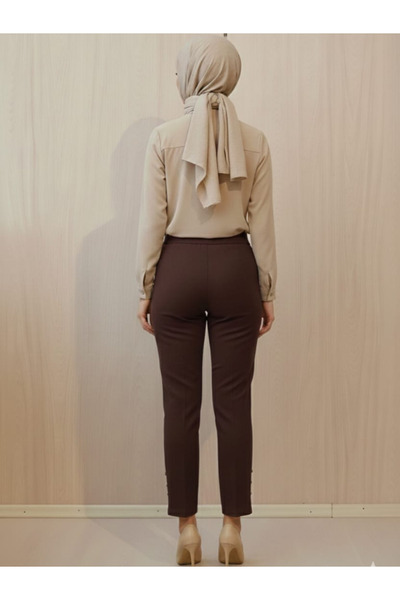 Famelin Women's Elastic Waist Pencil Cut Trousers with Leg Detail