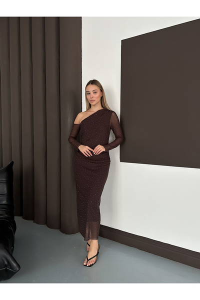 MODAMERSİ Women's Brown One Shoulder Stone Tulle Dress