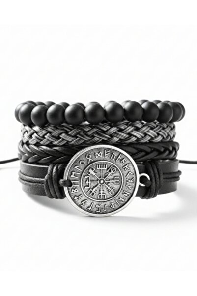 BSN Store Vegvisir Symbol 4-Piece Genuine Leather Bracelet Men's Bracelet Real Leather Bracelet