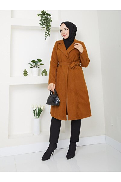 ışık tesettur Standard Sleeve with Pocket Detail Without Lining, 110 cm Length, Cashmere Coat