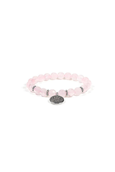 Bracelet Mala/brățară elastică (cuarț roz ) cu simbolul Ohm -- 0.8 cm