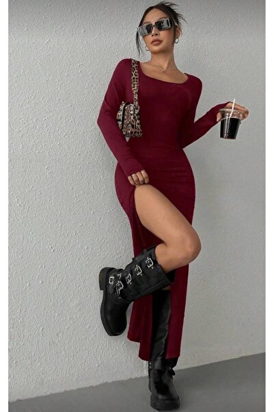 MEGOMEL Siyah Kare Yaka Yırtmaçlı Uzun Kollu Likralı Uzun Elbise